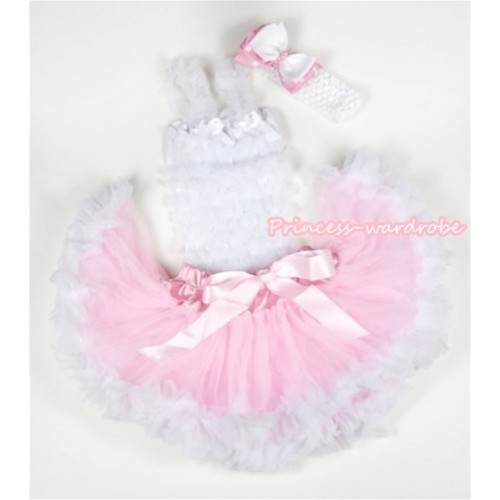 White Baby Ruffles Tank Top with Light Pink White Baby Pettiskirt with White Headband White& Light Pink White Polka Dots Ribbon Bow NR39 