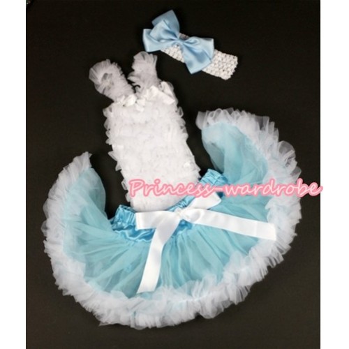 White Baby Ruffles Tank Top with Light Blue White Baby Pettiskirt with White Headband Light Blue Silk Bow NR42 