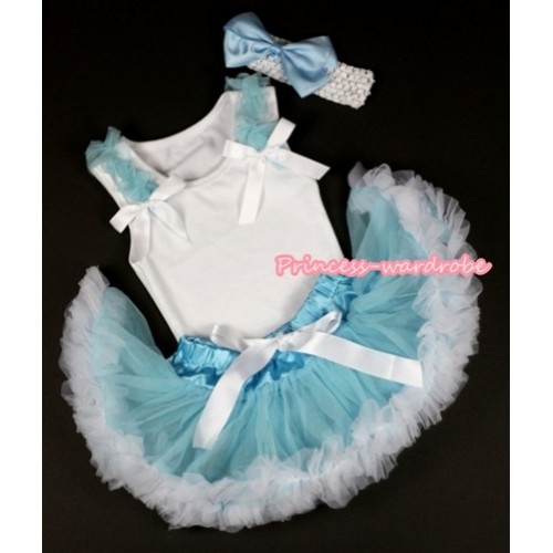 White Baby Pettitop & Light Blue Ruffles & White Bow with Light Blue White Newborn Pettiskirt With White Headband Light Blue Silk Bow NG1114 