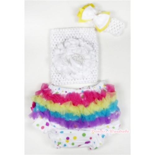 Rainbow Ruffles White Rainbow Dots Panties Bloomer with White Peony White Crochet Tube Top With White Headband White Yellow Ribbon Bow 3PC Set CT502 