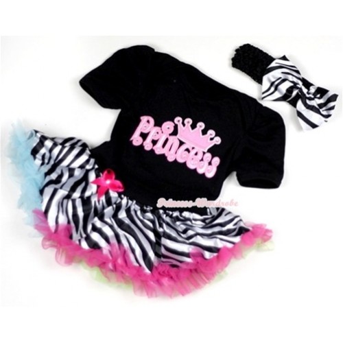 Black Baby Jumpsuit Rainbow Zebra Pettiskirt With Princess Print With Black Headband Zebra Satin Bow JS138 