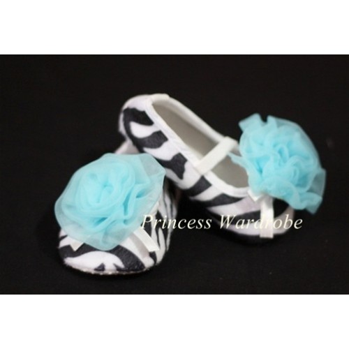 Baby Zebra Crib Shoes with Light Blue Rosettes S02 