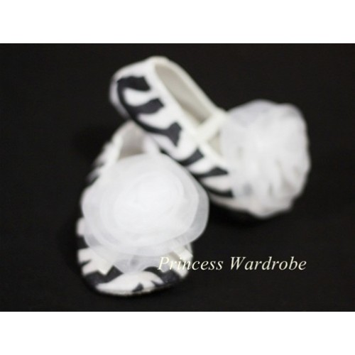 Baby Zebra Crib Shoes with Pure White Rosettes S04 