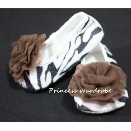 Baby Zebra Crib Shoes with Coffee Brown Rosettes S08 