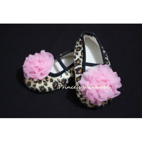 Baby Leopard Crib Shoes with Light Pink Rosettes S12 