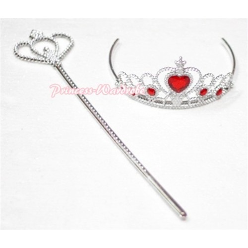 Noble Princess Hot Red Crystal Crown Wand with Crystal Crown Set K02 