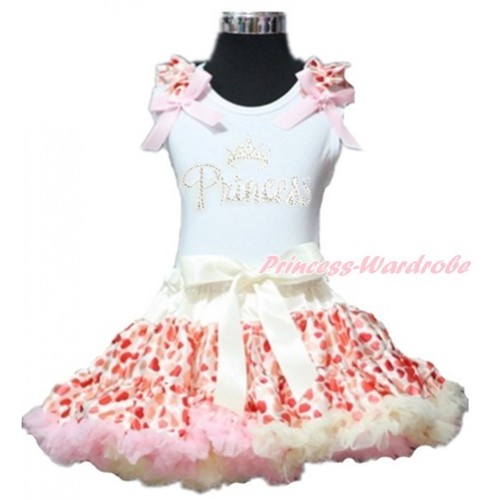 Valentine's Day White Tank Top with Cream White Heart Ruffles & Light Pink Bows with Sparkle Crystal Bling Rhinestone Princess Print With Cream White Heart Pettiskirt MG878 