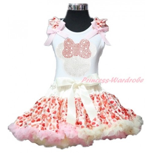 Valentine's Day White Tank Top with Cream White Heart Ruffles & Light Pink Bows with Sparkle Crystal Bling Rhinestone Red Minnie Print With Cream White Heart Pettiskirt MG879 