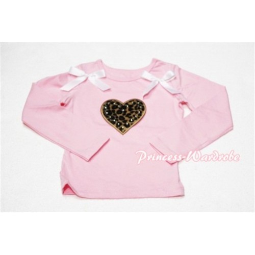 Leopard Sweet Heart Pink Long Sleeves Top with White Ribbon TW105 