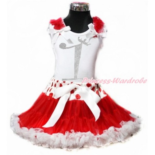 White Tank Top with Red Ruffles & White Bow with 1st Sparkle Crystal Bling Rhinestone Birthday Number Print & Red White Polka Dots Waist Red White Pettiskirt MG880 