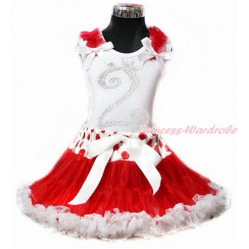 White Tank Top with Red Ruffles & White Bow with 2nd Sparkle Crystal Bling Rhinestone Birthday Number Print & Red White Polka Dots Waist Red White Pettiskirt MG881 