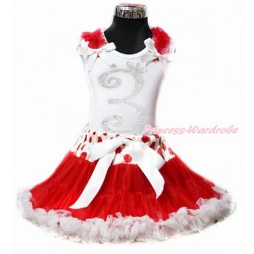 White Tank Top with Red Ruffles & White Bow with 3rd Sparkle Crystal Bling Rhinestone Birthday Number Print & Red White Polka Dots Waist Red White Pettiskirt MG882 