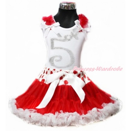White Tank Top with Red Ruffles & White Bow with 5th Sparkle Crystal Bling Rhinestone Birthday Number Print & Red White Polka Dots Waist Red White Pettiskirt MG884 