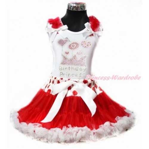 White Tank Top with Red Ruffles & White Bow with Sparkle Crystal Bling Rhinestone Birthday Princess Print & Red White Polka Dots Waist Red White Pettiskirt MG886 