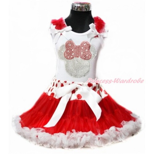 White Tank Top with Red Ruffles & White Bow with Sparkle Crystal Bling Rhinestone Red Minnie Print & Red White Polka Dots Waist Red White Pettiskirt MG889 