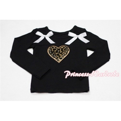 Leopard Sweet Heart Black Long Sleeves Top with White Ribbon TW115 