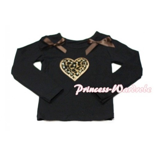 Leopard Sweet Heart Black Long Sleeves Top with Brown Ribbon TW117 
