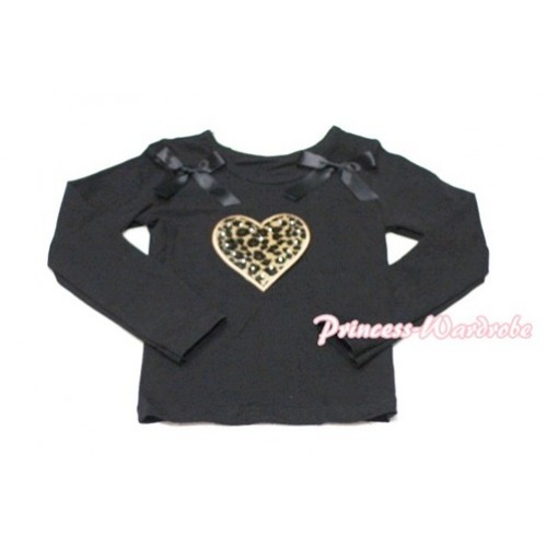 Leopard Sweet Heart Black Long Sleeves Top with Black Ribbon TW118 