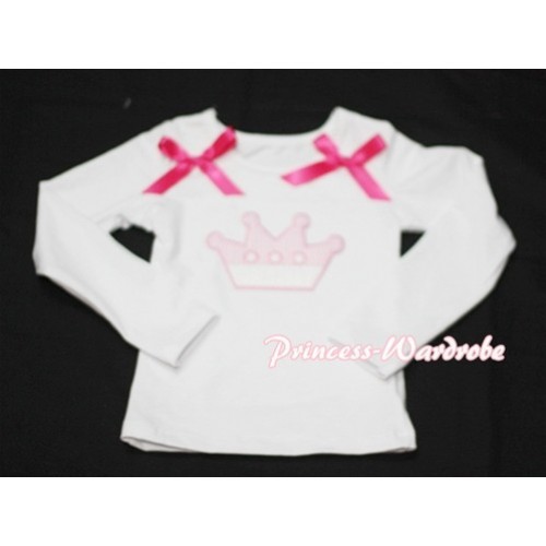 Cute Pink Crown White Long Sleeves Top with Hot Pink Ribbon TW122 