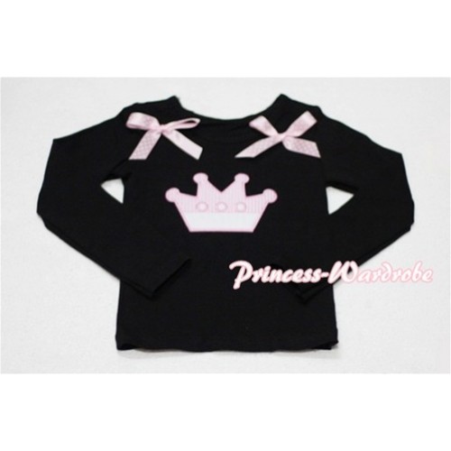 Cute Pink Crown Black Long Sleeves Top with Light Pink Dot Ribbon TW137 