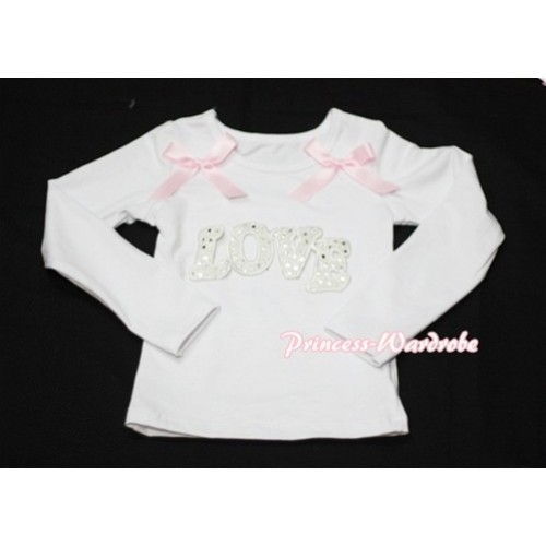 Spakle LOVE Print White Long Sleeves Top with Light Pink Ribbon TW140 