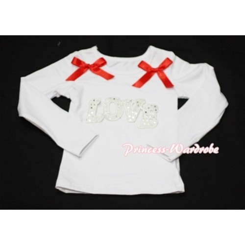 Spakle LOVE Print White Long Sleeves Top with Red Ribbon TW142 