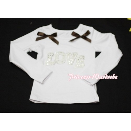Spakle LOVE Print White Long Sleeves Top with Brown Ribbon TW148 