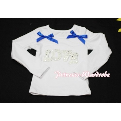 Spakle LOVE Print White Long Sleeves Top with Royal Blue Ribbon TW149 