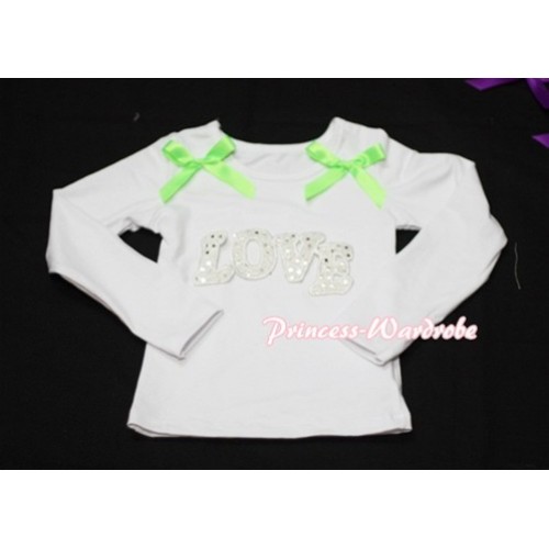 Spakle LOVE Print White Long Sleeves Top with Dark Green Ribbon TW153 