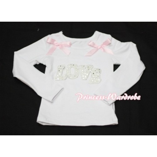 Spakle LOVE Print White Long Sleeves Top with Light Pink Dot Ribbon TW154 