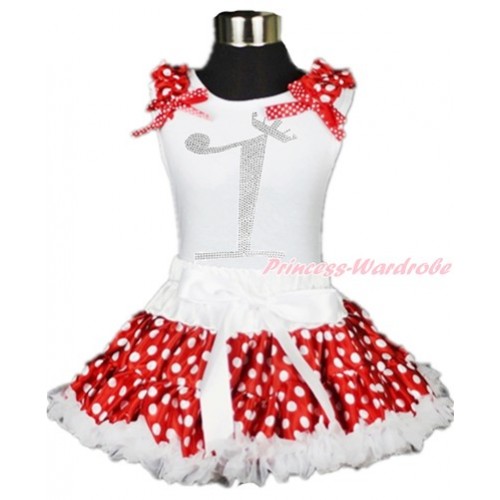 White Tank Top with Minnie Dots Ruffles & Minnie Dots Bow with 1st Sparkle Crystal Bling Rhinestone Birthday Number Print & White Minnie Dots Pettiskirt MG890 