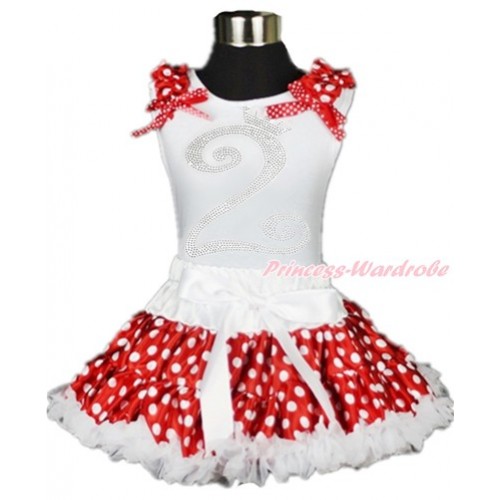 White Tank Top with Minnie Dots Ruffles & Minnie Dots Bow with 2nd Sparkle Crystal Bling Rhinestone Birthday Number Print & White Minnie Dots Pettiskirt MG891 
