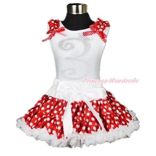 White Tank Top with Minnie Dots Ruffles & Minnie Dots Bow with 3rd Sparkle Crystal Bling Rhinestone Birthday Number Print & White Minnie Dots Pettiskirt MG892 