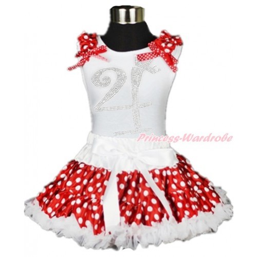 White Tank Top with Minnie Dots Ruffles & Minnie Dots Bow with 4th Sparkle Crystal Bling Rhinestone Birthday Number Print & White Minnie Dots Pettiskirt MG893 