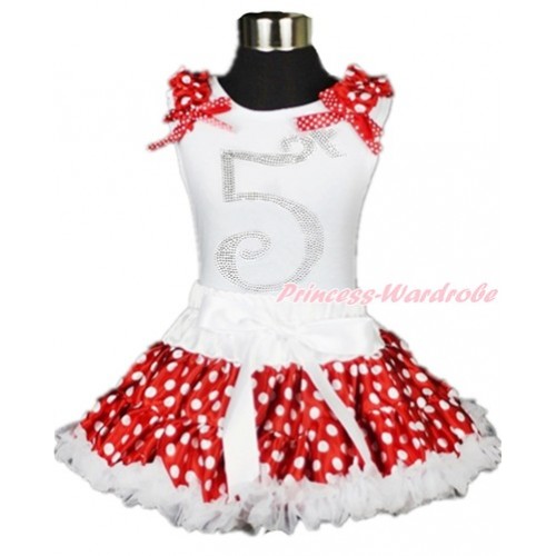 White Tank Top with Minnie Dots Ruffles & Minnie Dots Bow with 5th Sparkle Crystal Bling Rhinestone Birthday Number Print & White Minnie Dots Pettiskirt MG894 