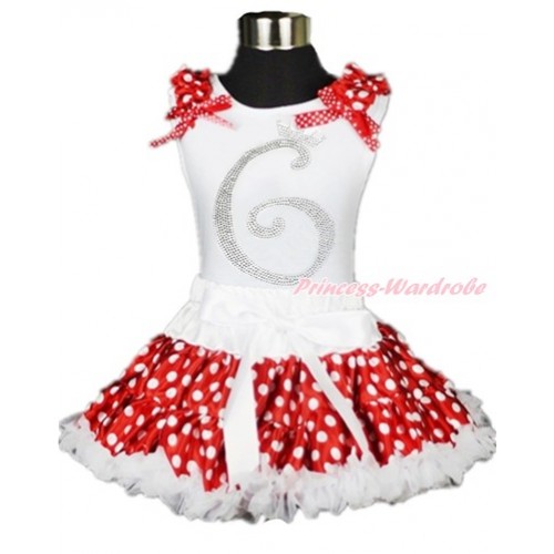 White Tank Top with Minnie Dots Ruffles & Minnie Dots Bow with 6th Sparkle Crystal Bling Rhinestone Birthday Number Print & White Minnie Dots Pettiskirt MG895 