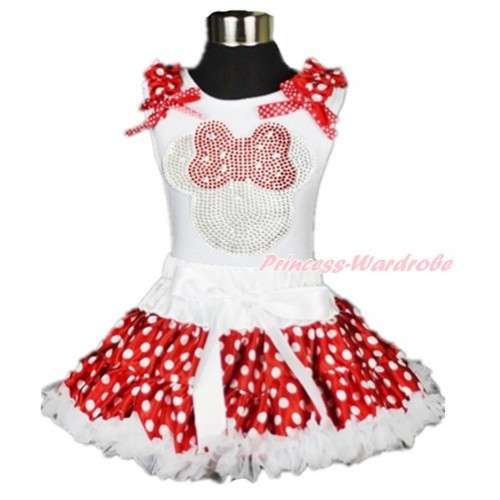 White Tank Top with Minnie Dots Ruffles & Minnie Dots Bow with Sparkle Crystal Bling Rhinestone Red Minnie Print & White Minnie Dots Pettiskirt MG897 