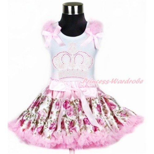 White Tank Top with Light Pink Ruffles & Light Pink Bow with Sparkle Crystal Bling Rhinestone Crown Print & Light Pink Rose Fusion Pettiskirt MG904 
