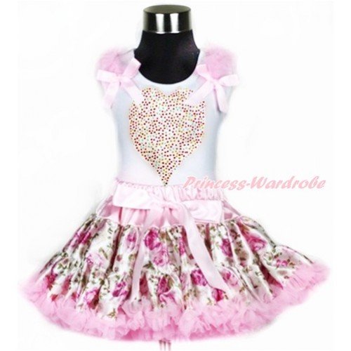 Valentine's Day White Tank Top with Light Pink Ruffles & Light Pink Bow with Sparkle Crystal Bling Rhinestone Rainbow Heart Print & Light Pink Rose Fusion Pettiskirt MG905 