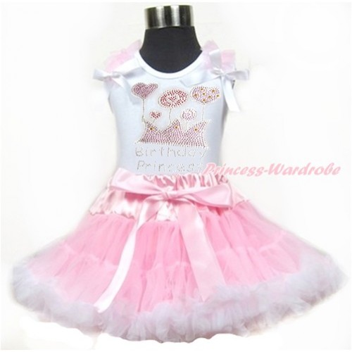 White Tank Top With Light Pink Ruffles & White Bows With Sparkle Crystal Bling Rhinestone Birthday Princess Print & Light Pink White Pettiskirt MG908 