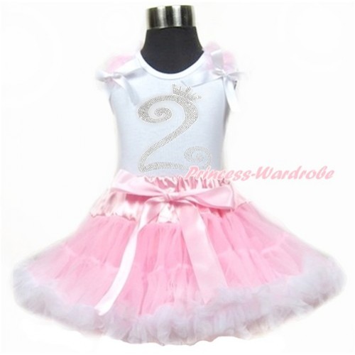 White Tank Top With Light Pink Ruffles & White Bows With 2nd Sparkle Crystal Bling Rhinestone Birthday Number Print & Light Pink White Pettiskirt MG911 