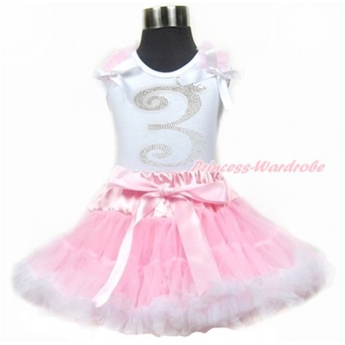 White Tank Top With Light Pink Ruffles & White Bows With 3rd Sparkle Crystal Bling Rhinestone Birthday Number Print & Light Pink White Pettiskirt MG912 