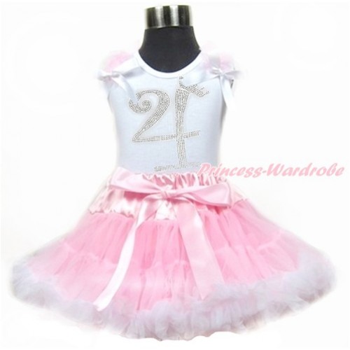 White Tank Top With Light Pink Ruffles & White Bows With 4th Sparkle Crystal Bling Rhinestone Birthday Number Print & Light Pink White Pettiskirt MG913 