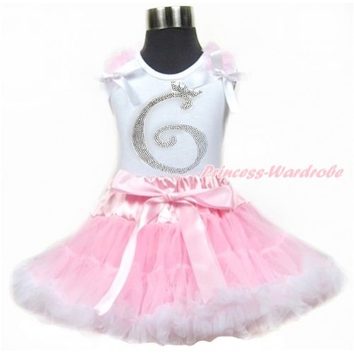 White Tank Top With Light Pink Ruffles & White Bows With 6th Sparkle Crystal Bling Rhinestone Birthday Number Print & Light Pink White Pettiskirt MG915 