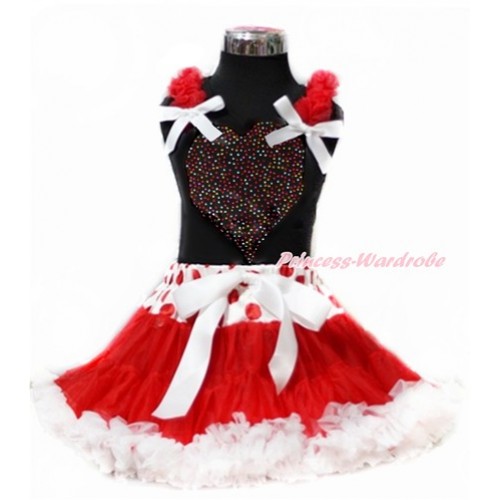Valentine's Day Black Tank Top with Red Ruffles & White Bow with Sparkle Crystal Bling Rhinestone Rainbow Heart Print & Red White Dots Waist Red White Pettiskirt MG949 