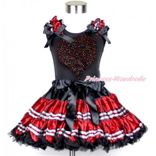 Valentine's Day Black Tank Top with Red Black Checked Ruffles & Black Bow with Sparkle Crystal Bling Rhinestone Rainbow Heart Print & Red Black Checked Pettiskirt MG952 