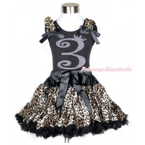 Black Tank Top with Leopard Ruffles & Black Bow with 3rd Sparkle Crystal Bling Rhinestone Birthday Number Print With Black Leopard Pettiskirt MG961 
