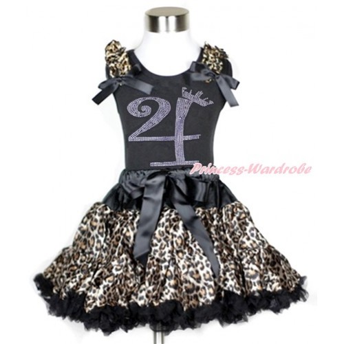 Black Tank Top with Leopard Ruffles & Black Bow with 4th Sparkle Crystal Bling Rhinestone Birthday Number Print With Black Leopard Pettiskirt MG962 