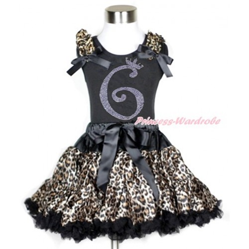 Black Tank Top with Leopard Ruffles & Black Bow with 6th Sparkle Crystal Bling Rhinestone Birthday Number Print With Black Leopard Pettiskirt MG964 