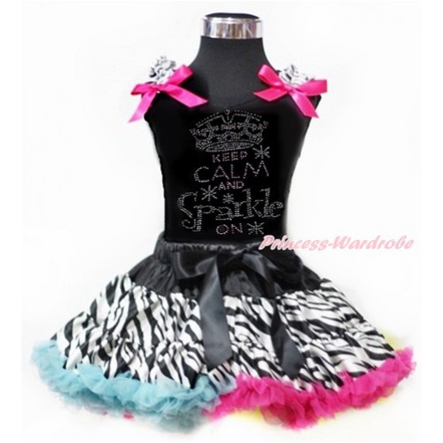 Black Tank Top with Zebra Ruffles & Hot Pink Bows with Sparkle Crystal Bling Rhinestone Keep Calm And Sparkle On Print With Rainbow Zebra Pettiskirt MG965 